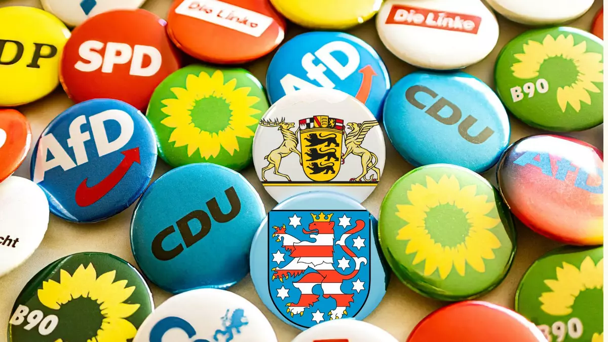 11.05.26_BW Thüringen 1600 x 900 px - 3 Buttons mit Logos von Parteien und mit Wappen von Baden-Württemberg und Thüringen
